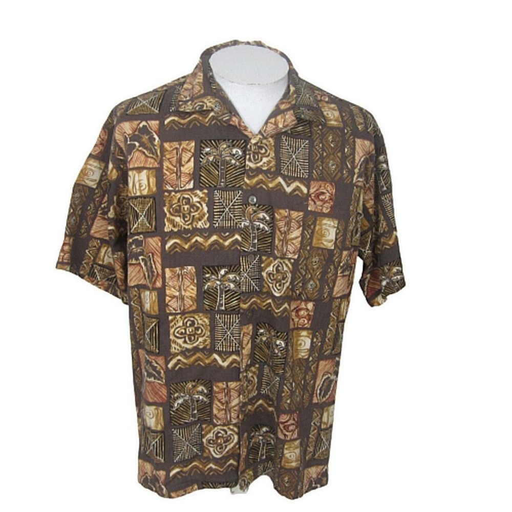 Kona Kai vtg Men Hawaiian camp shirt p2p 24 L aloha luau tropical tribal brown